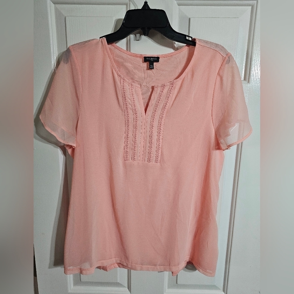 Talbots Womens Petite XL Pink Pintuck Blouse Sheer Sleeve Rayon Top Preppy - Picture 2 of 7